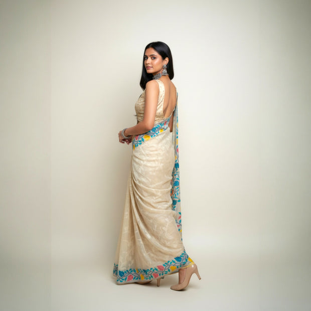 Offwhite Green Floral Silk Saree