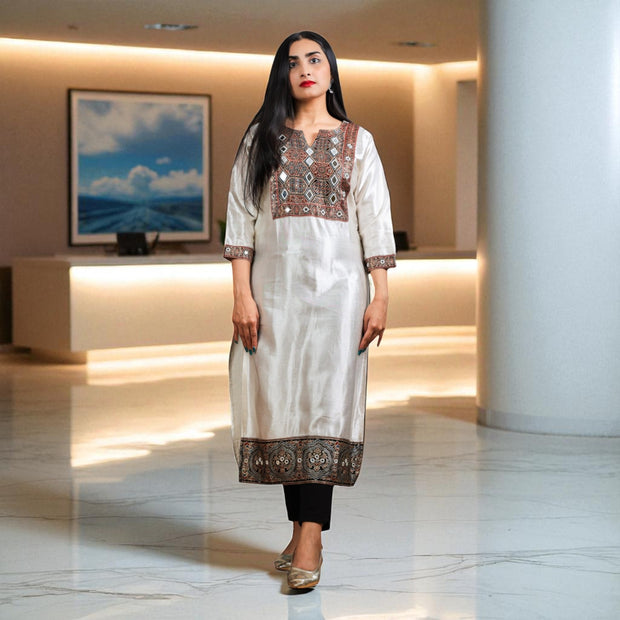 Ajrakh Cream  Womens Silk Kurta