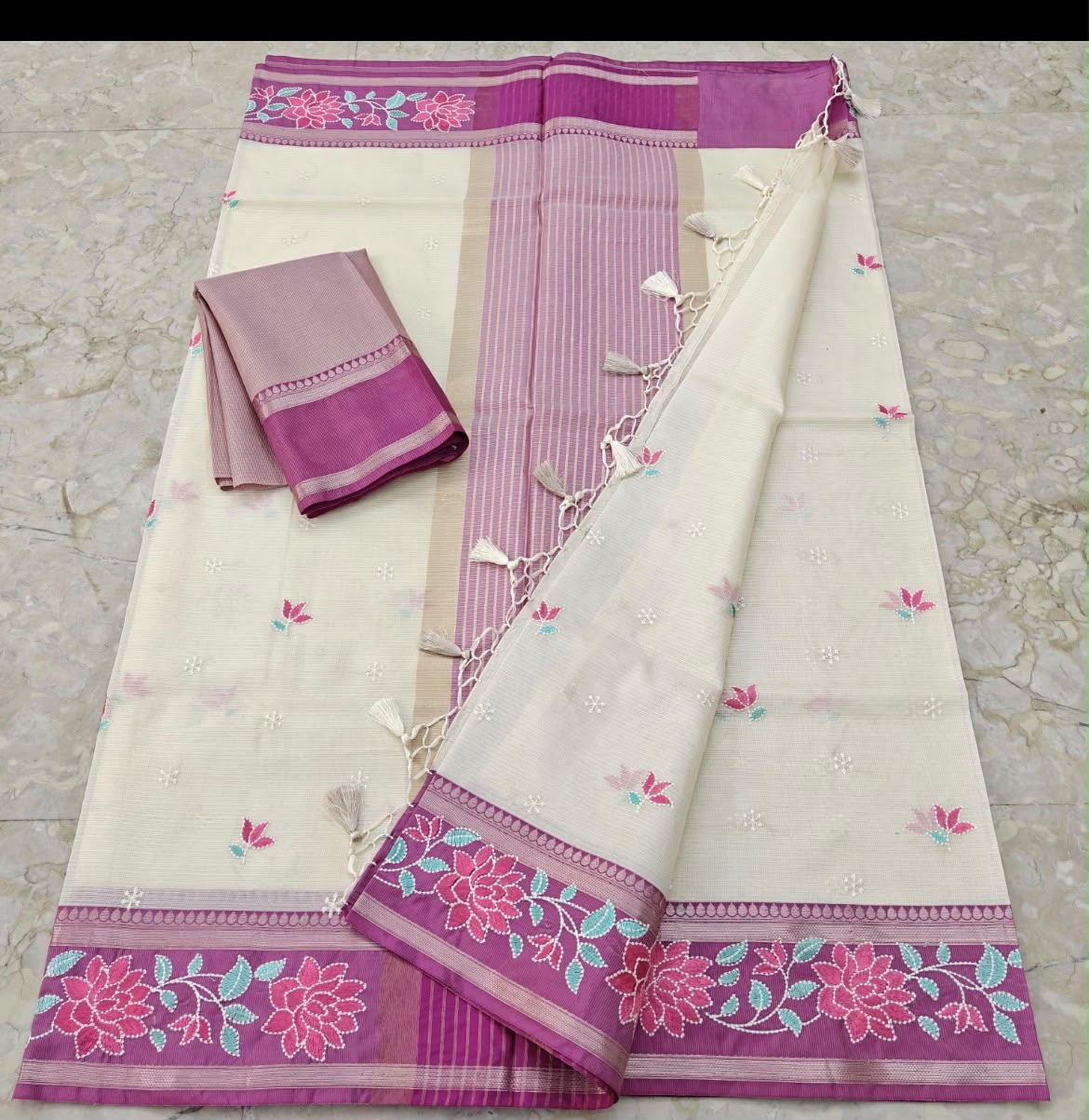 Cream Floral Border Kota Semi Silk Saree