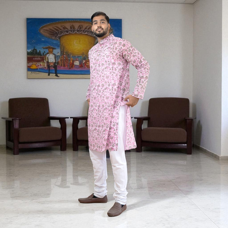 PinkFloral Handblock Cotton Kurta
