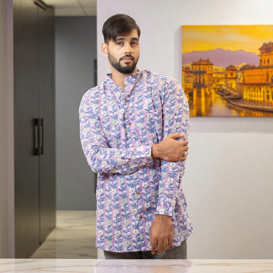 PurpleFloral Handblock Cotton Short Kurta