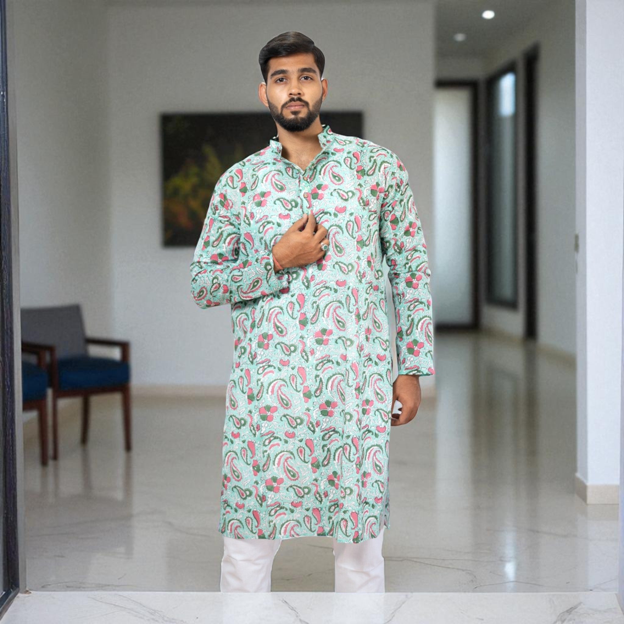 GreenPink Bloom Handblock Cotton Kurta