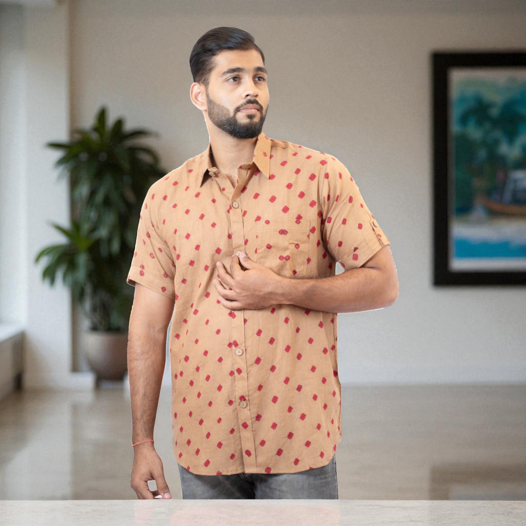 Brown Hand Bandhej-Bandhini Cotton Mens Shirt
