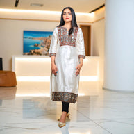 Ajrakh Cream  Womens Silk Kurta