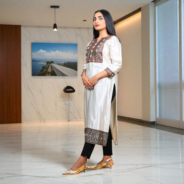 Ajrakh Cream  Womens Silk Kurta