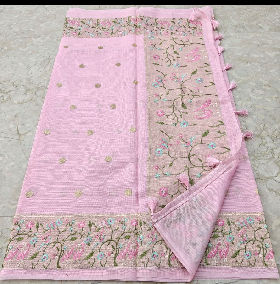Pastel Pink Embroidered Kota Semi Silk saree