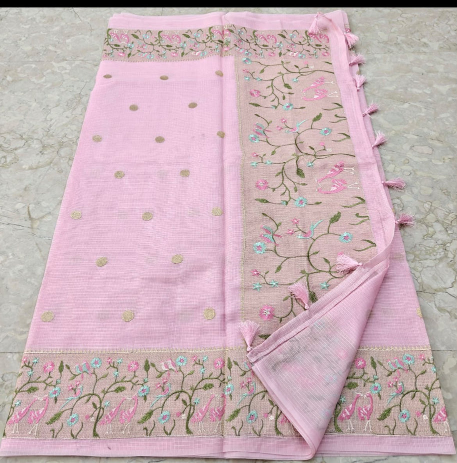 Pastel Pink Embroidered Kota Semi Silk saree