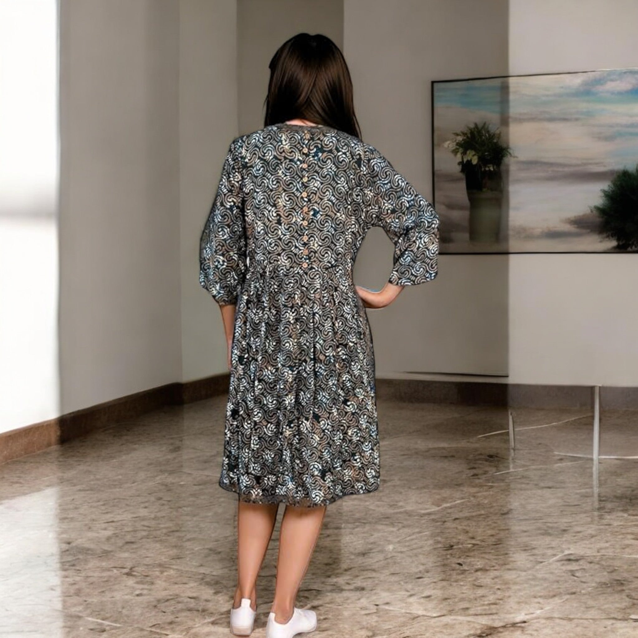 BlueOrbit Handblock Cotton Gathered Dress