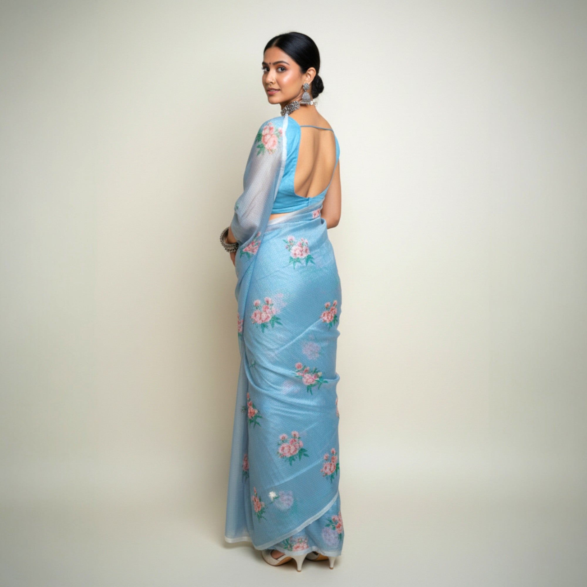 Grey Floral Kota Cotton Saree