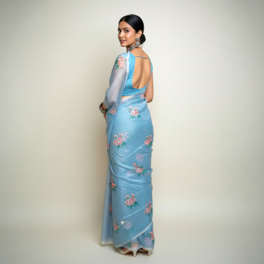 Grey Floral Kota Cotton Saree