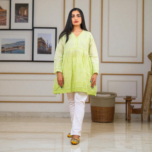 Green Mist Chikankari Cotton Short Kurti