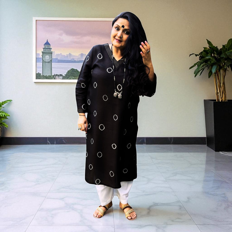 Black Bandhej Silk Kurta