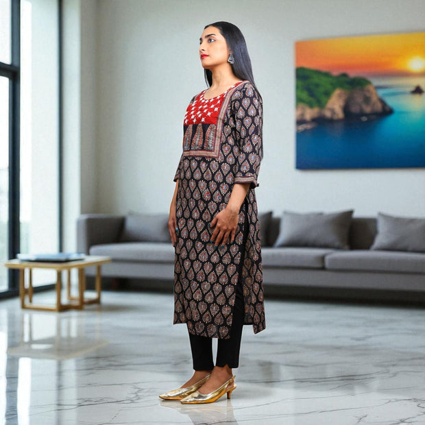 Noor Black Ajrakh Handblock Cotton Kurta