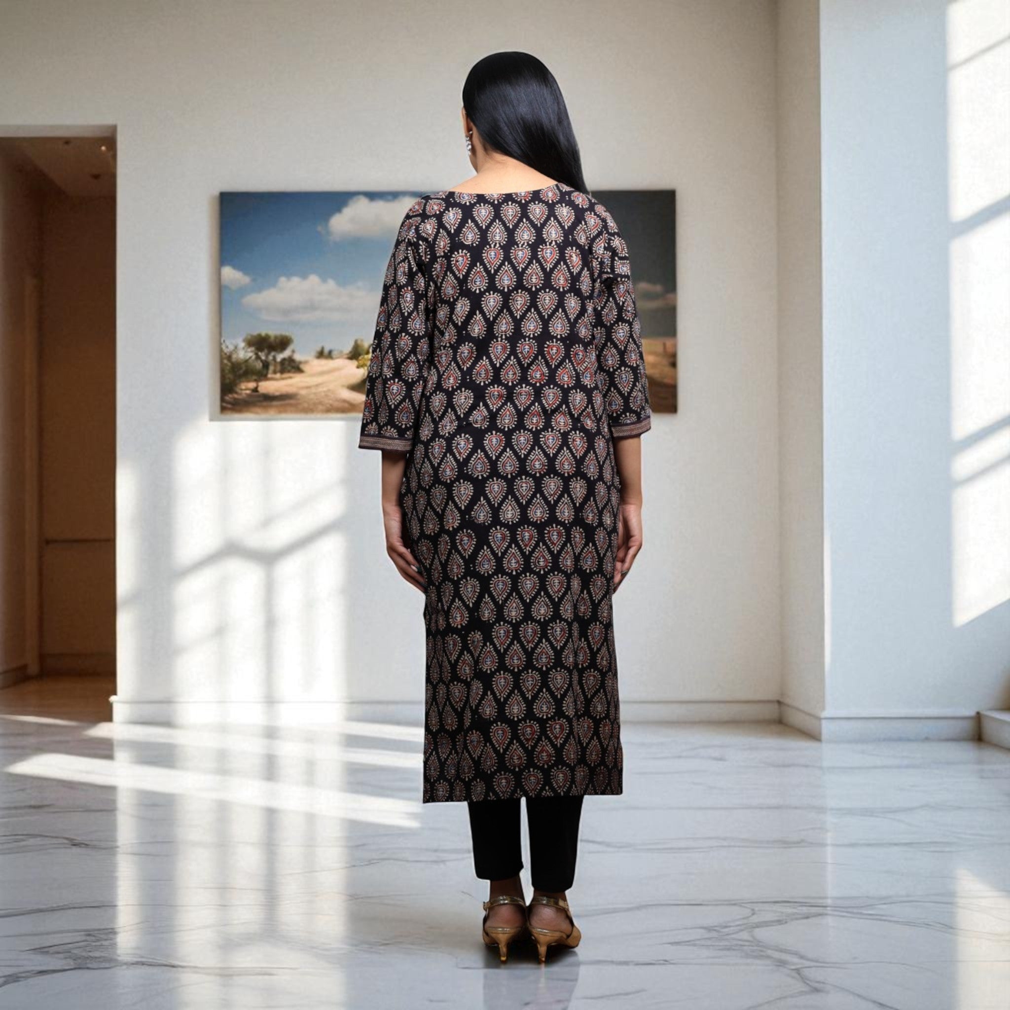 Noor Black Ajrakh Handblock Cotton Kurta