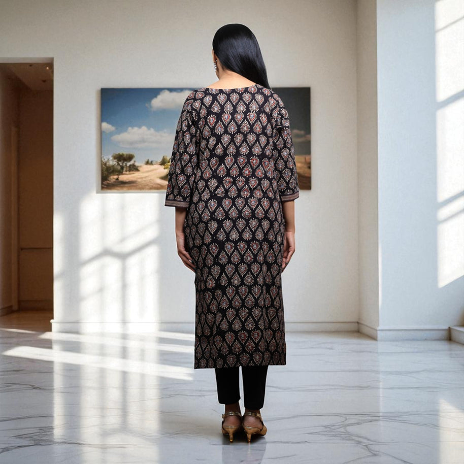 Noor Black Ajrakh Handblock Cotton Kurta