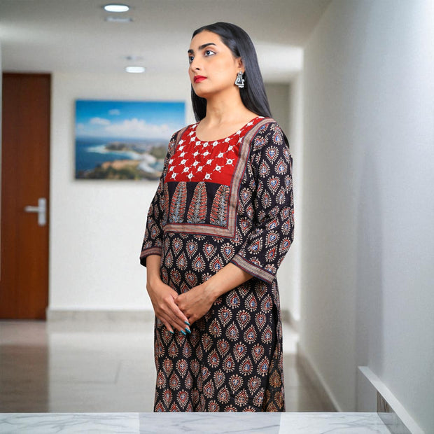 Noor Black Ajrakh Handblock Cotton Kurta