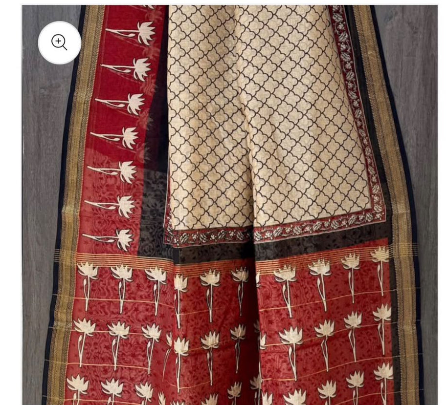 Offwhite Rust Maheswari Silk Saree