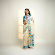 Offwhite Green Floral Silk Saree