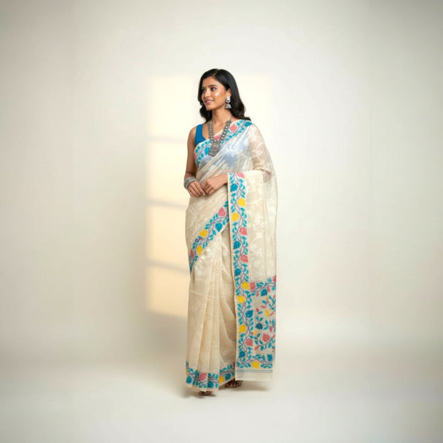 Offwhite Green Floral Silk Saree