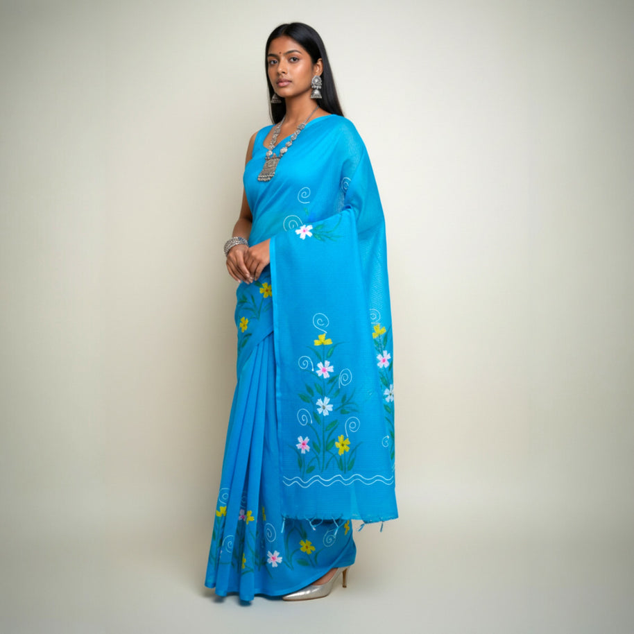 Blue Handpainted Kota Cotton Saree