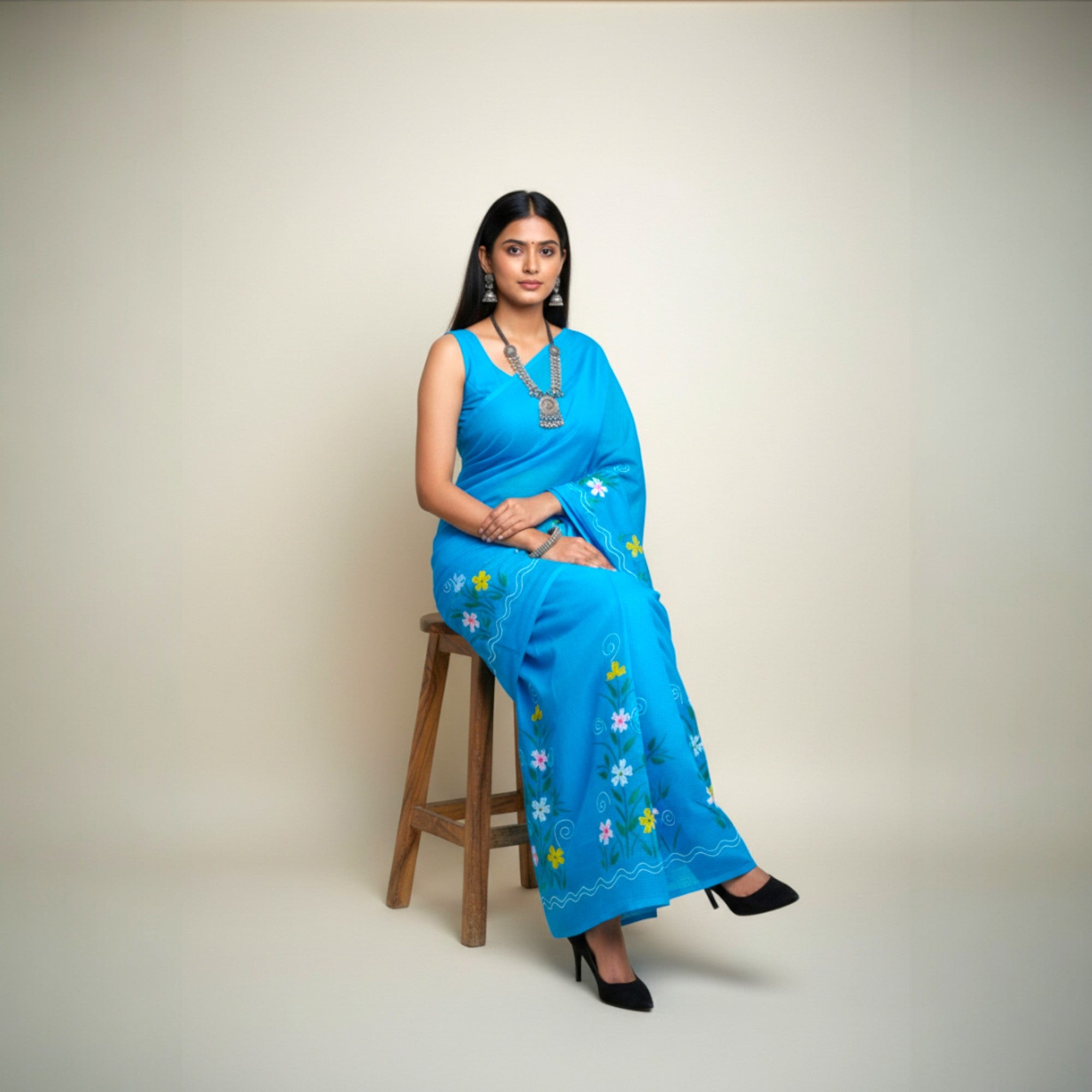Blue Handpainted Kota Cotton Saree