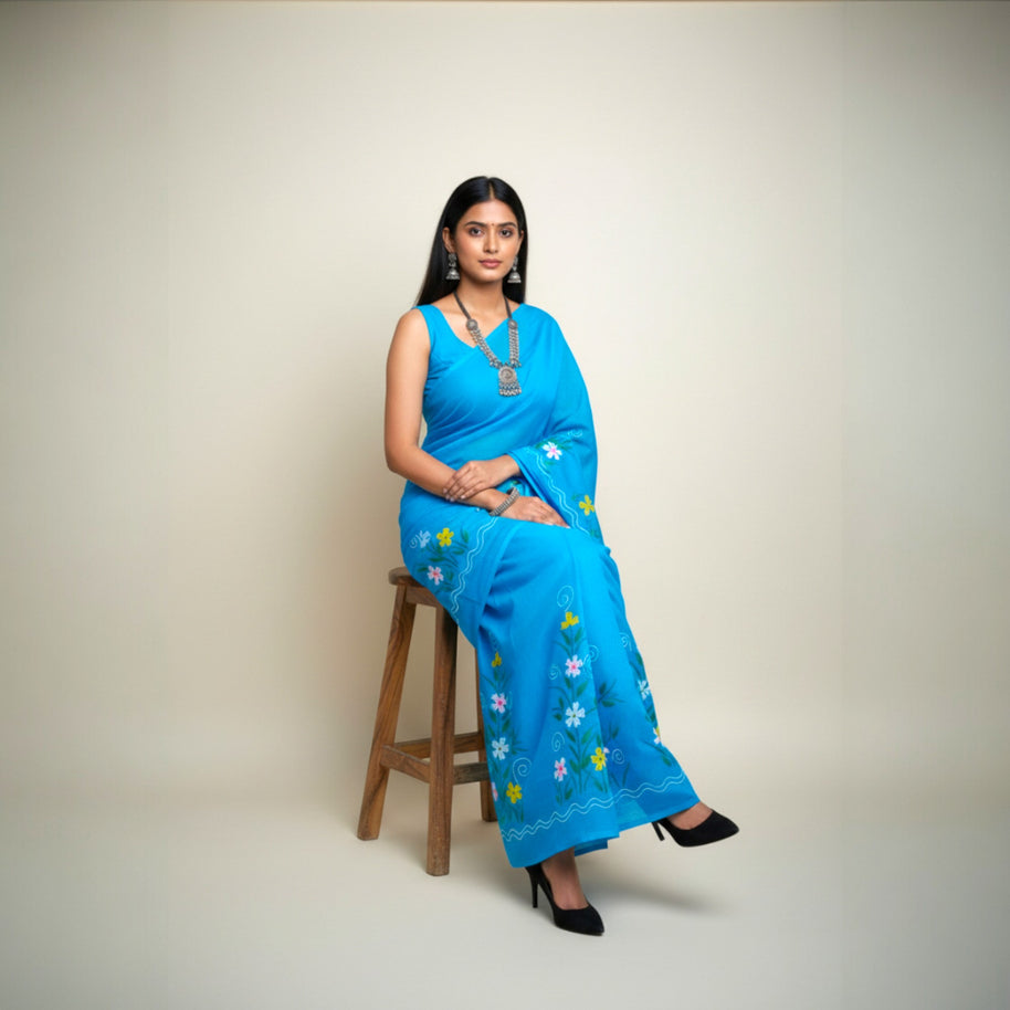 Blue Handpainted Kota Cotton Saree
