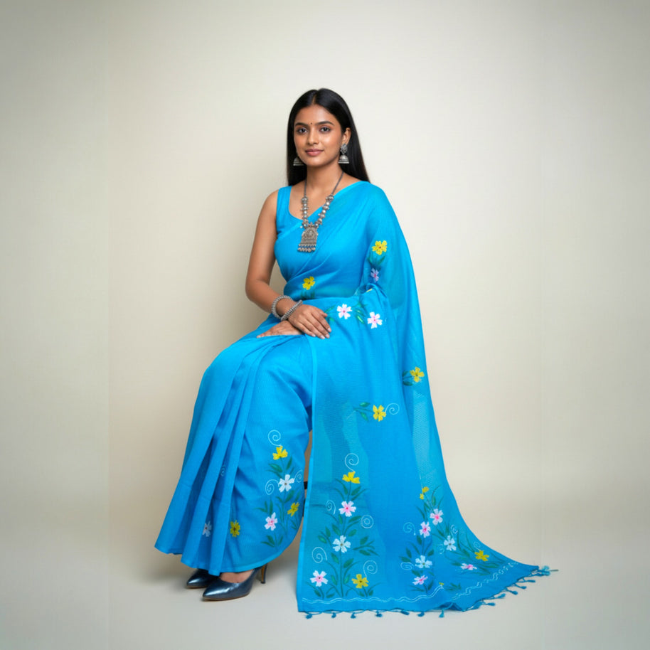 Blue Handpainted Kota Cotton Saree