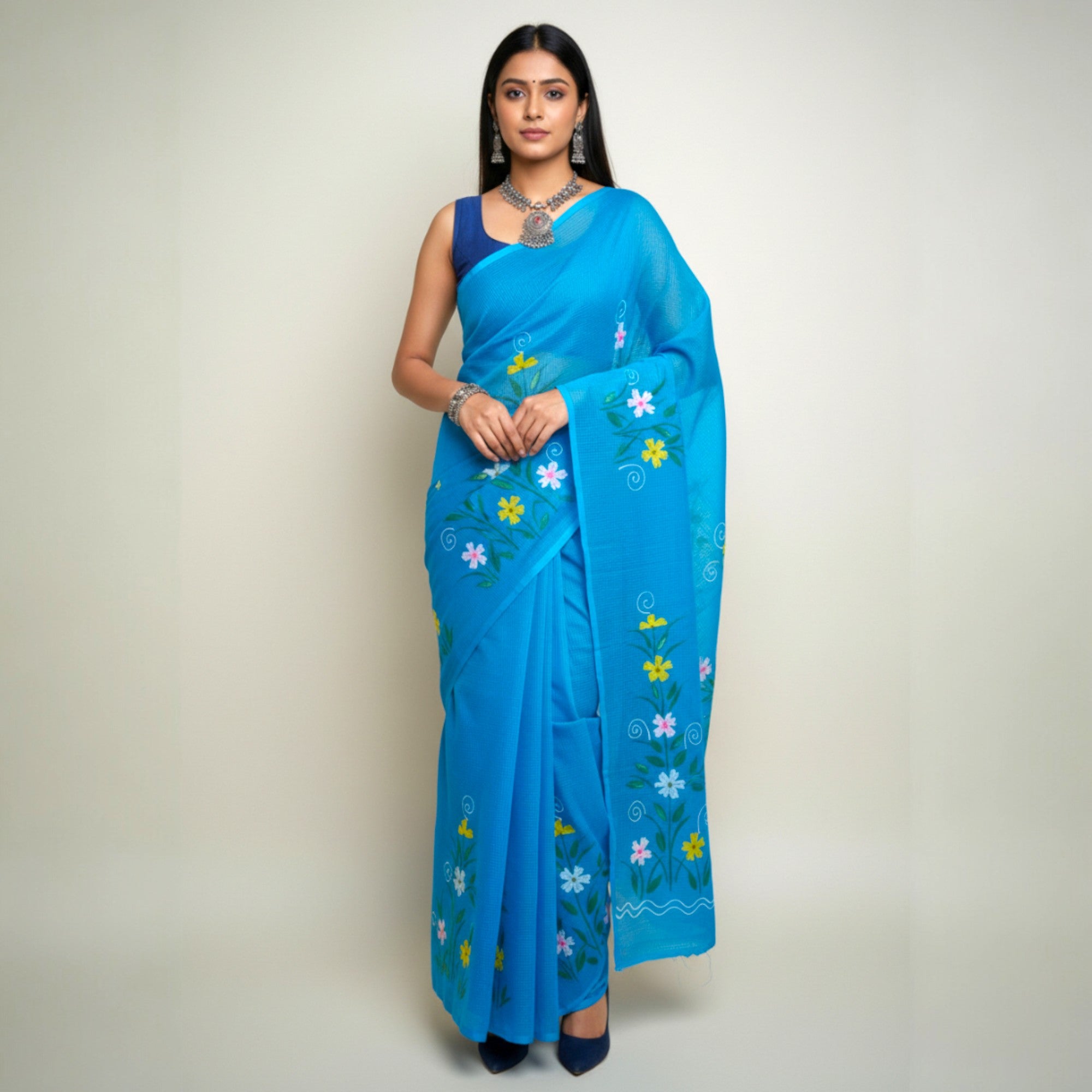 Blue Handpainted Kota Cotton Saree