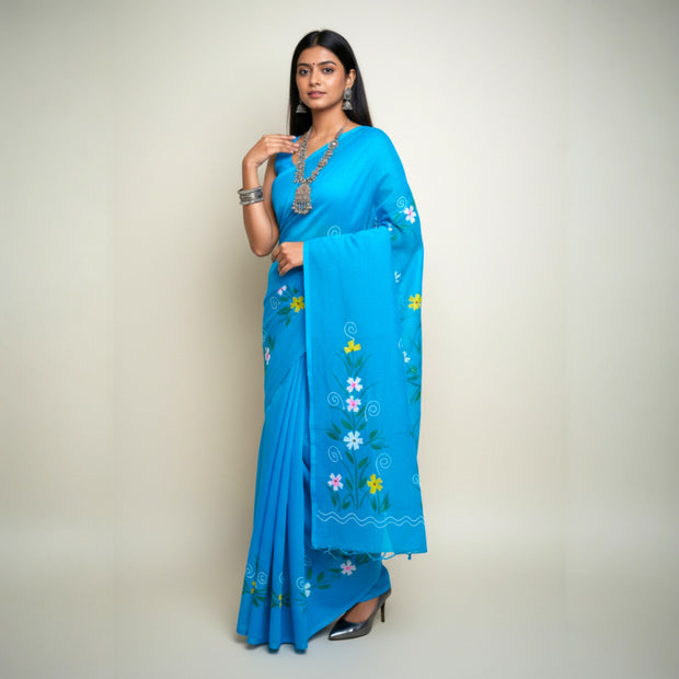Blue Handpainted Kota Cotton Saree