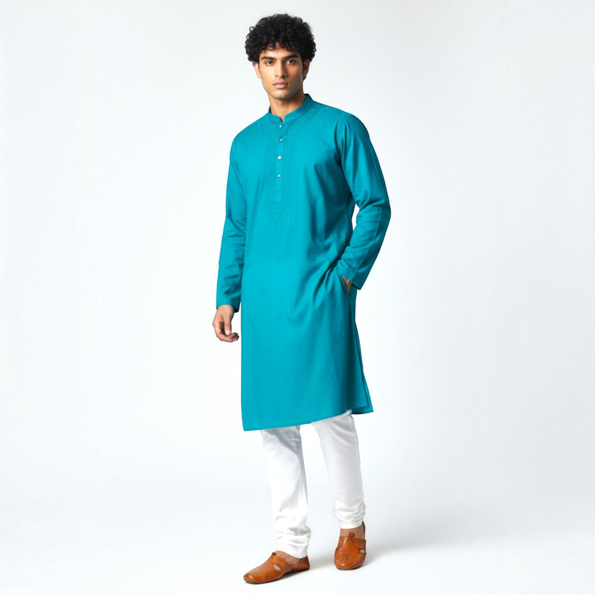 Teal Blue Chikankari Cotton Kurta