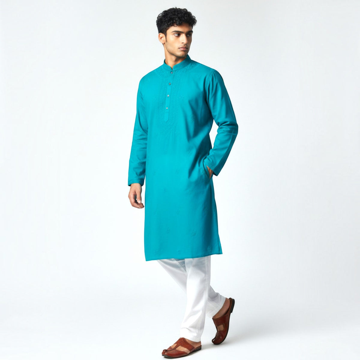 Teal Blue Chikankari Cotton Kurta