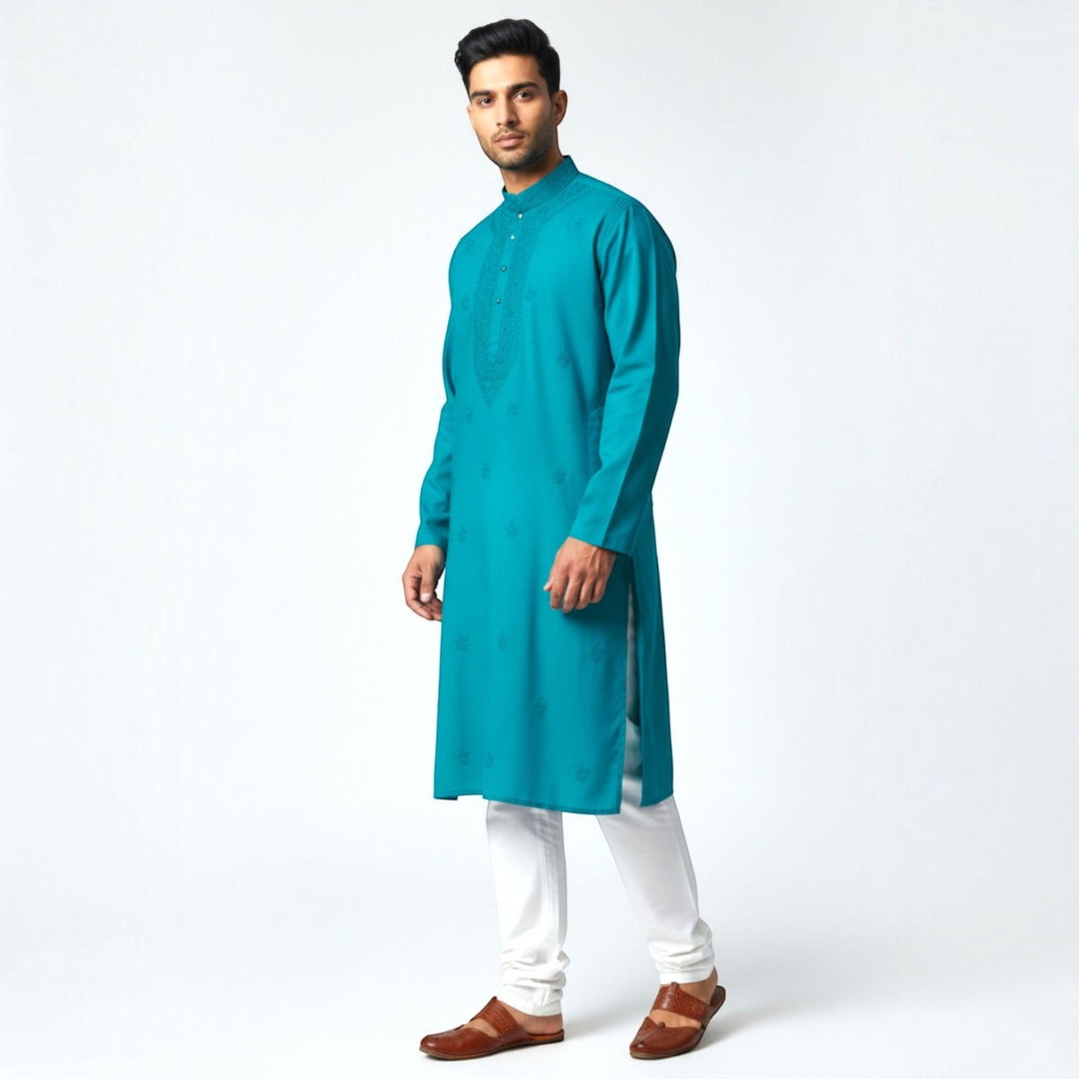 Teal Blue Chikankari Cotton Kurta