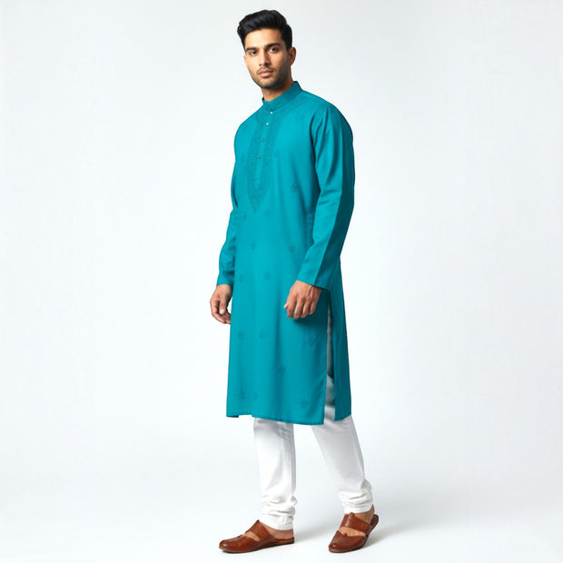 Teal Blue Chikankari Cotton Kurta