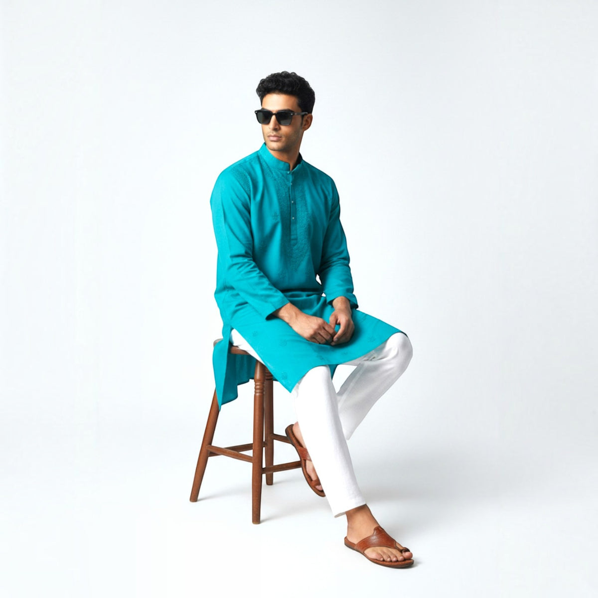 Teal Blue Chikankari Cotton Kurta