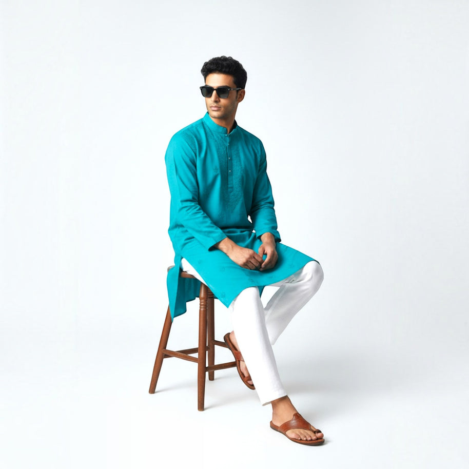 Teal Blue Chikankari Cotton Kurta