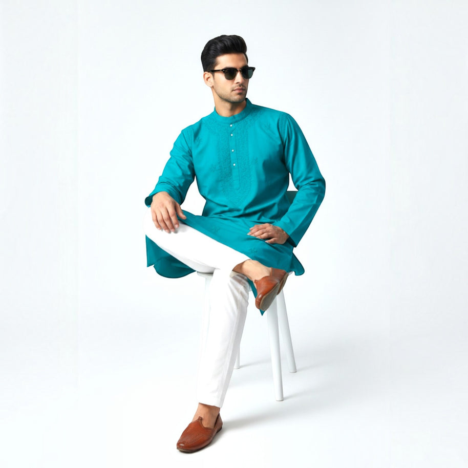 Teal Blue Chikankari Cotton Kurta