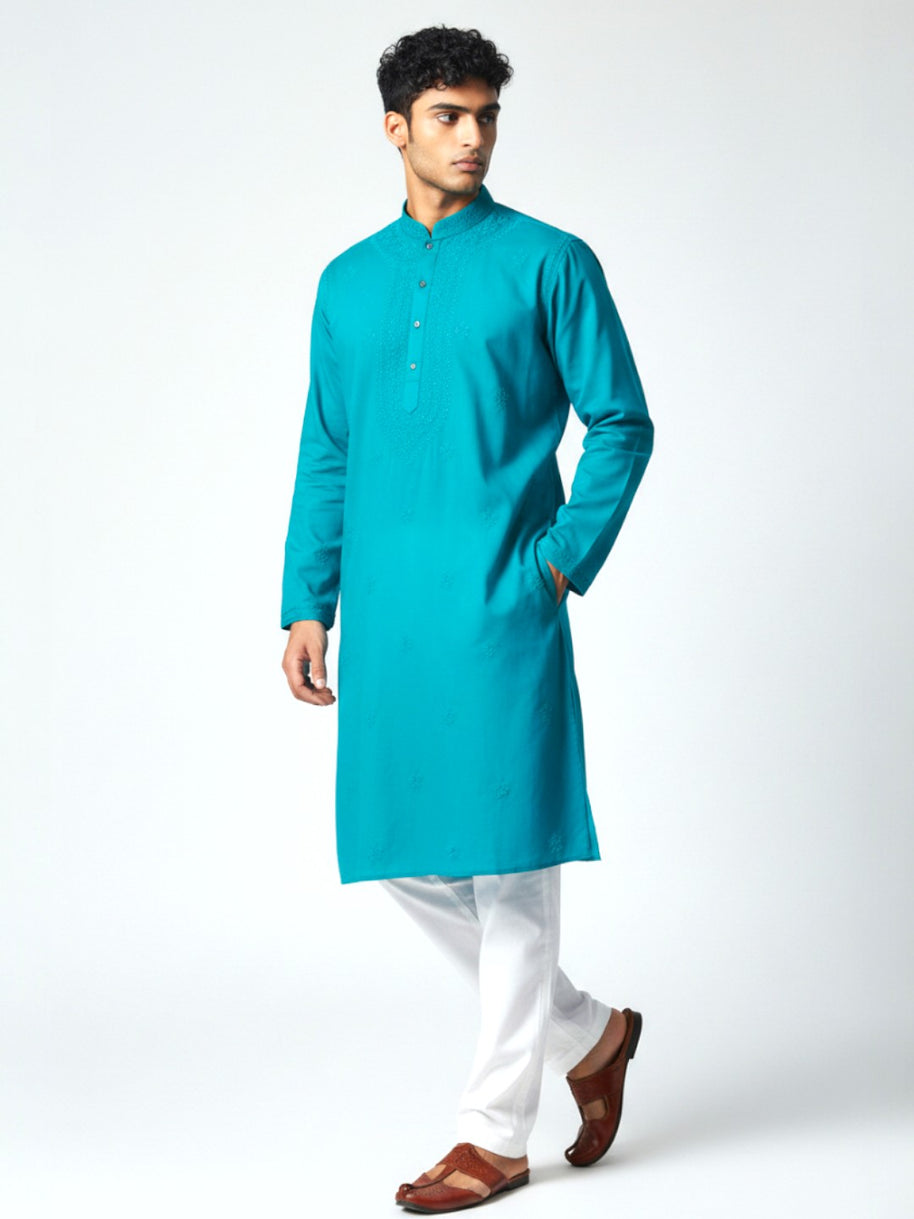 Teal Blue Chikankari Cotton Kurta