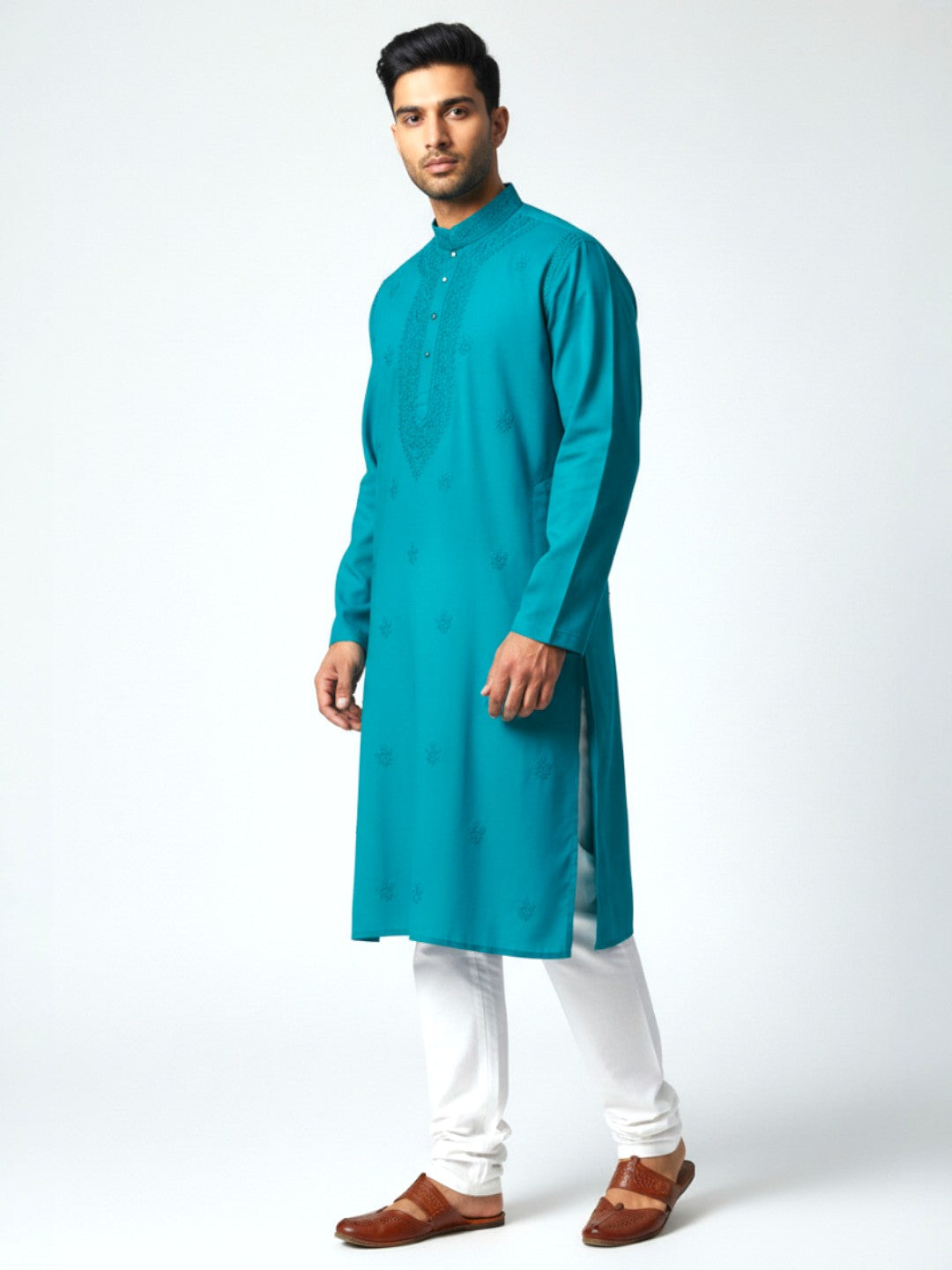 Teal Blue Chikankari Cotton Kurta