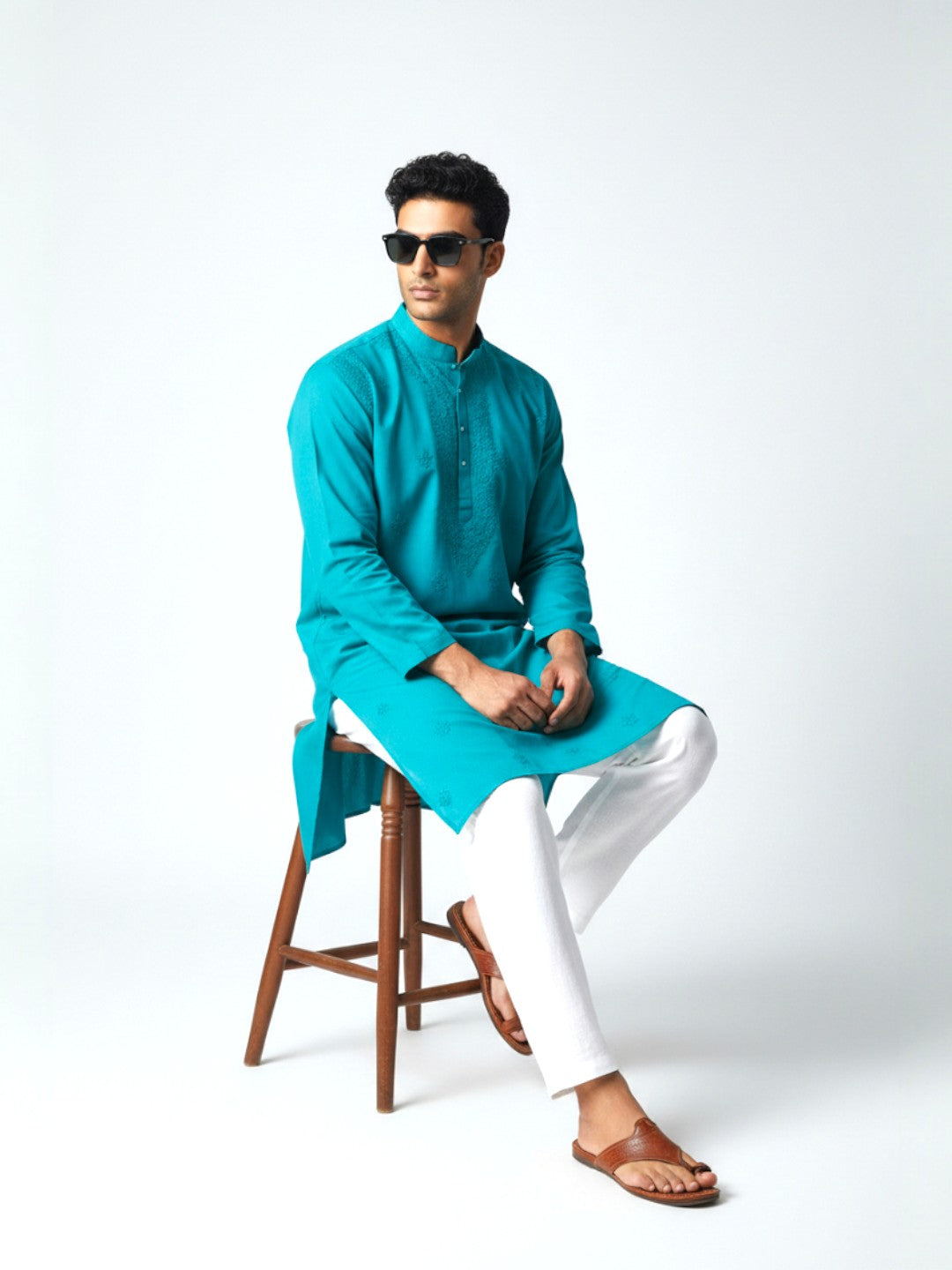 Teal Blue Chikankari Cotton Kurta