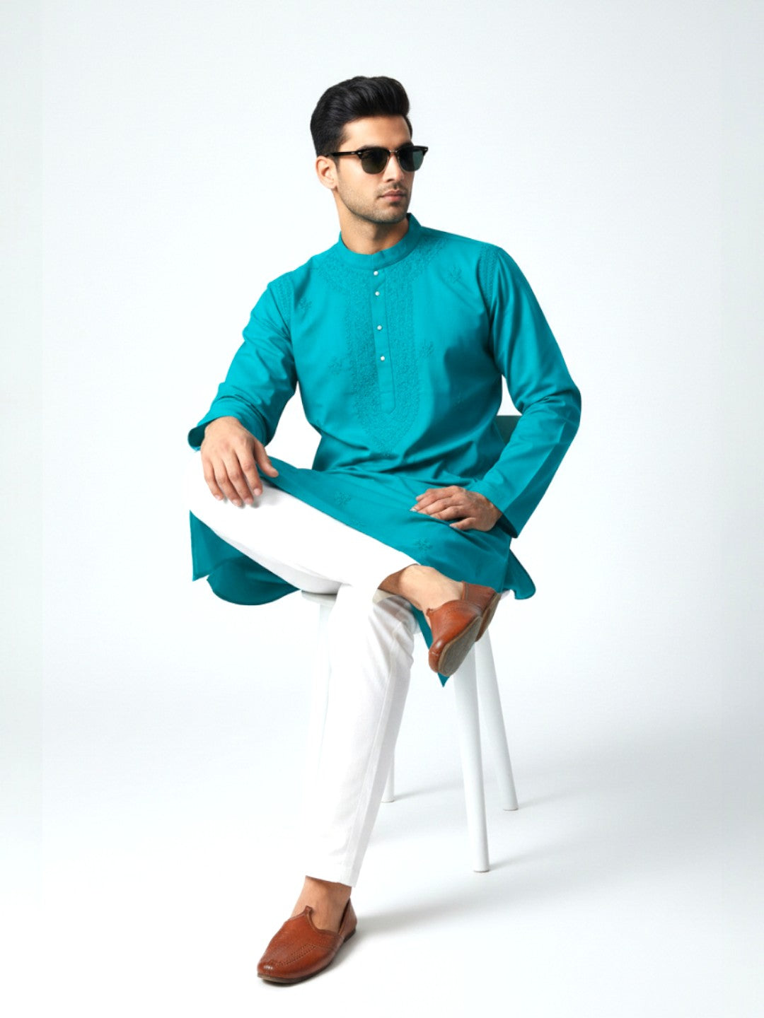 Teal Blue Chikankari Cotton Kurta