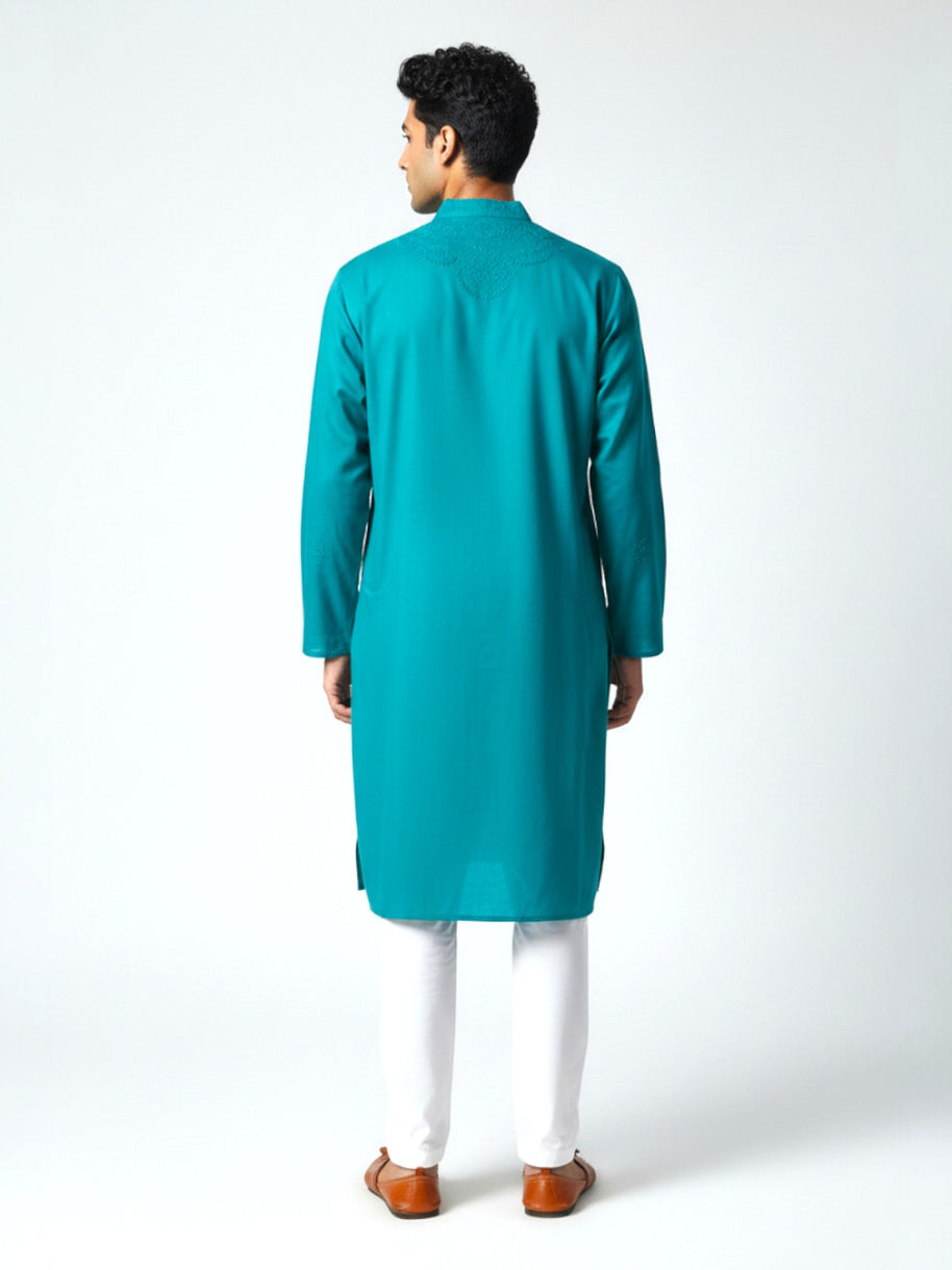 Teal Blue Chikankari Cotton Kurta