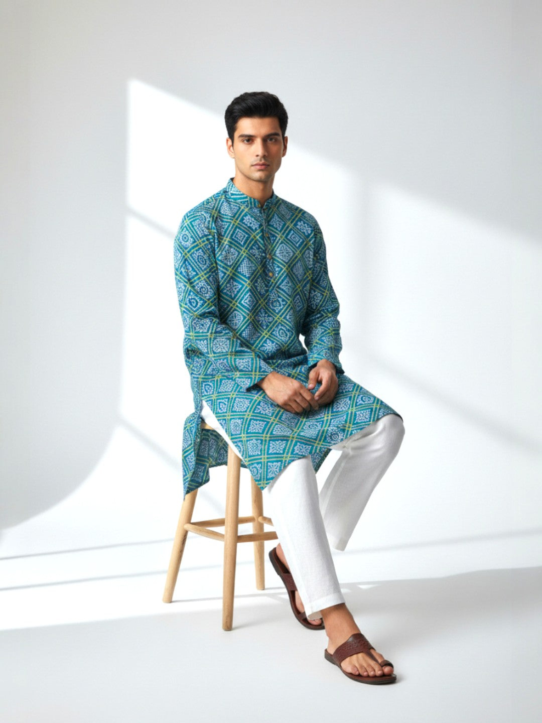 Blue Yellow Bandhani Cotton Kurta