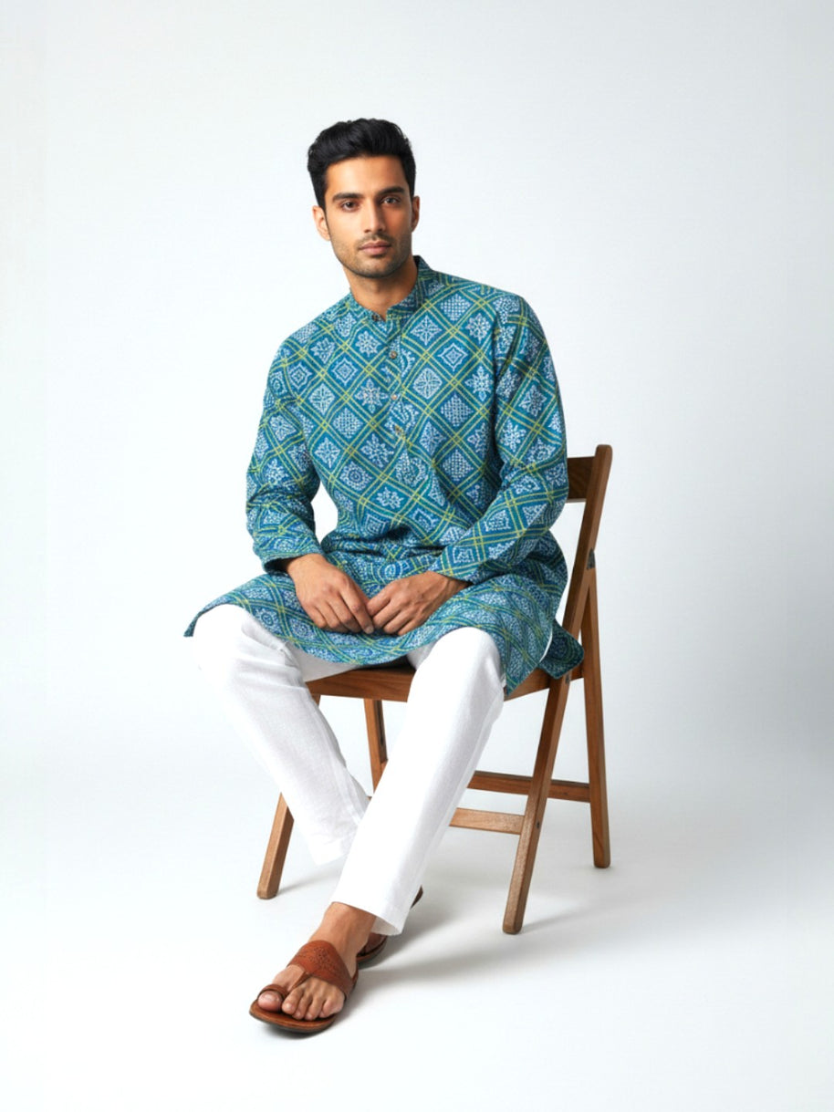 Blue Yellow Bandhani Cotton Kurta