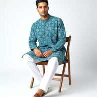 Blue Yellow Bandhani Cotton Kurta