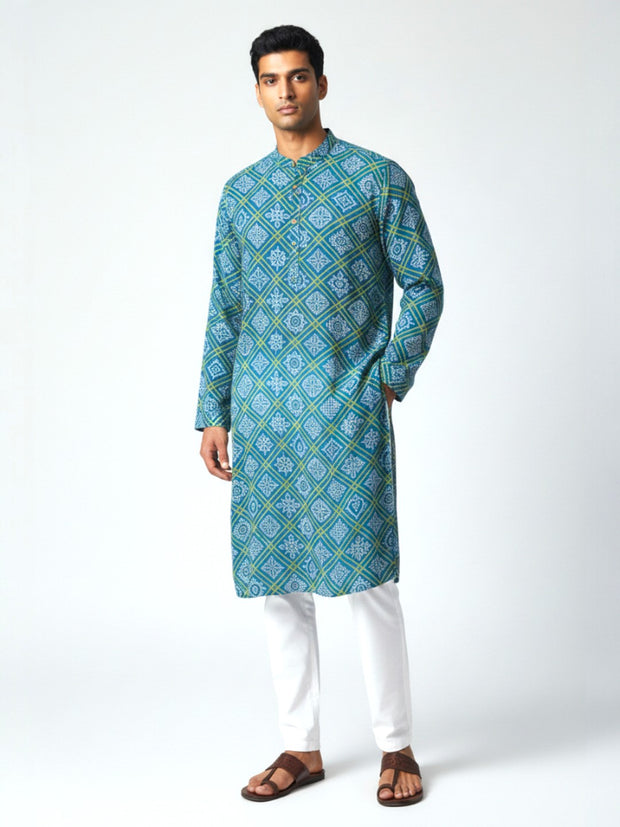 Blue Yellow Bandhani Cotton Kurta