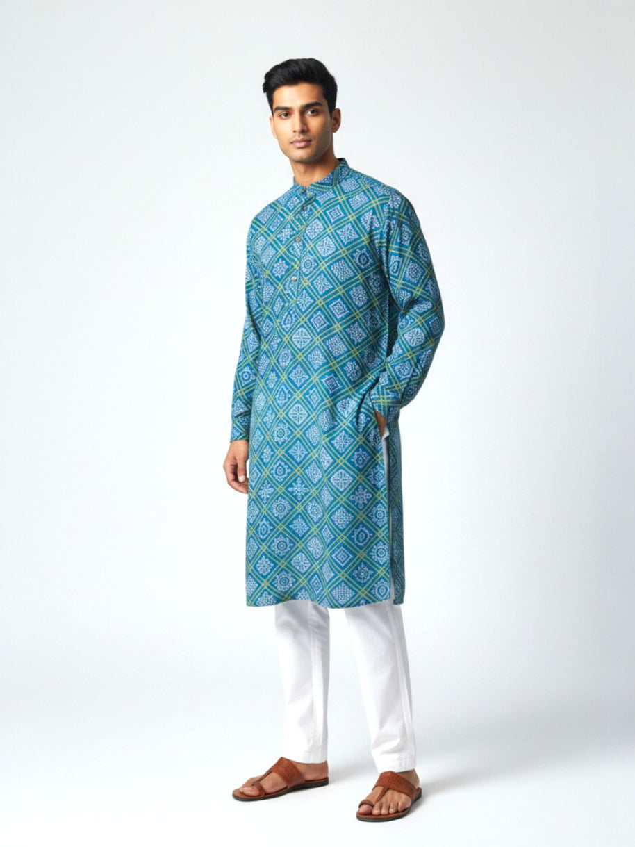 Blue Yellow Bandhani Cotton Kurta