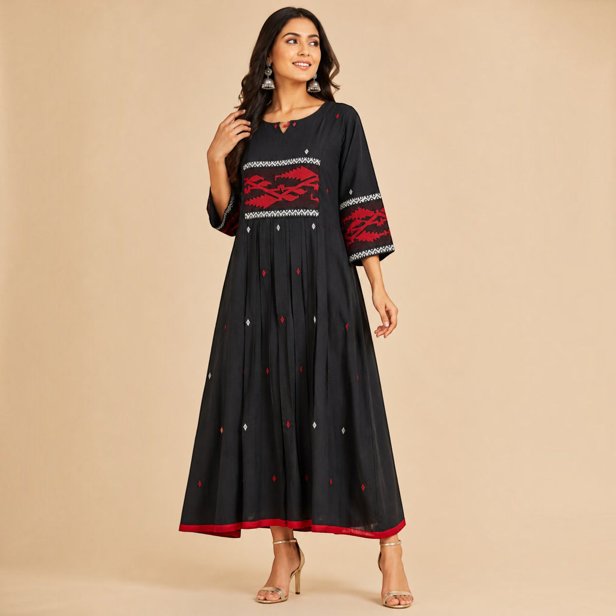 Black Red Handloom Jamdani Cotton Dress