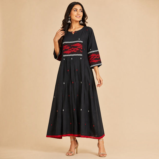 Black Red Handloom Jamdani Cotton Dress