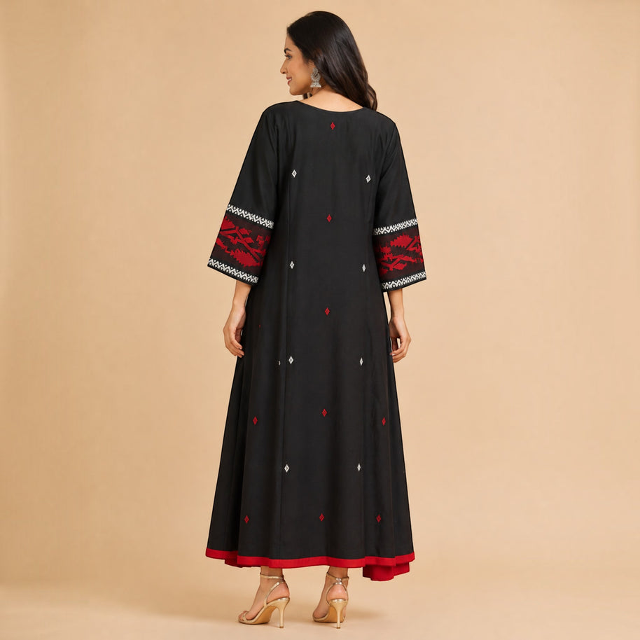 Black Red Handloom Jamdani Cotton Dress