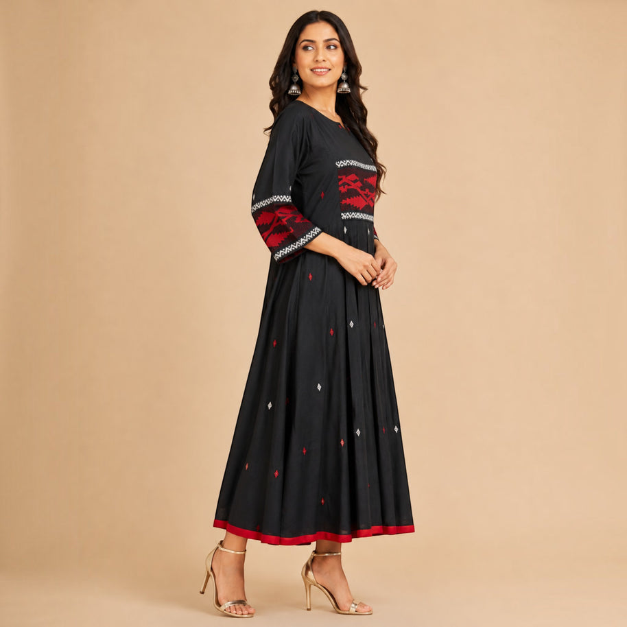 Black Red Handloom Jamdani Cotton Dress